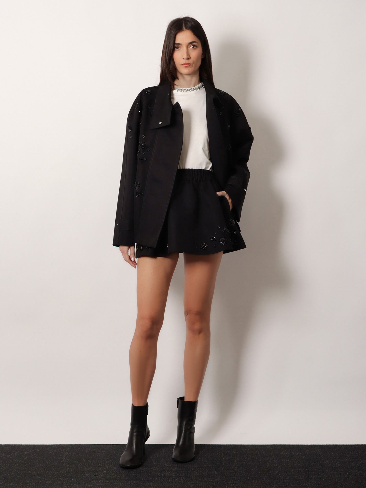 Black denim jacket with floral details in sequins and crystals - Image 2