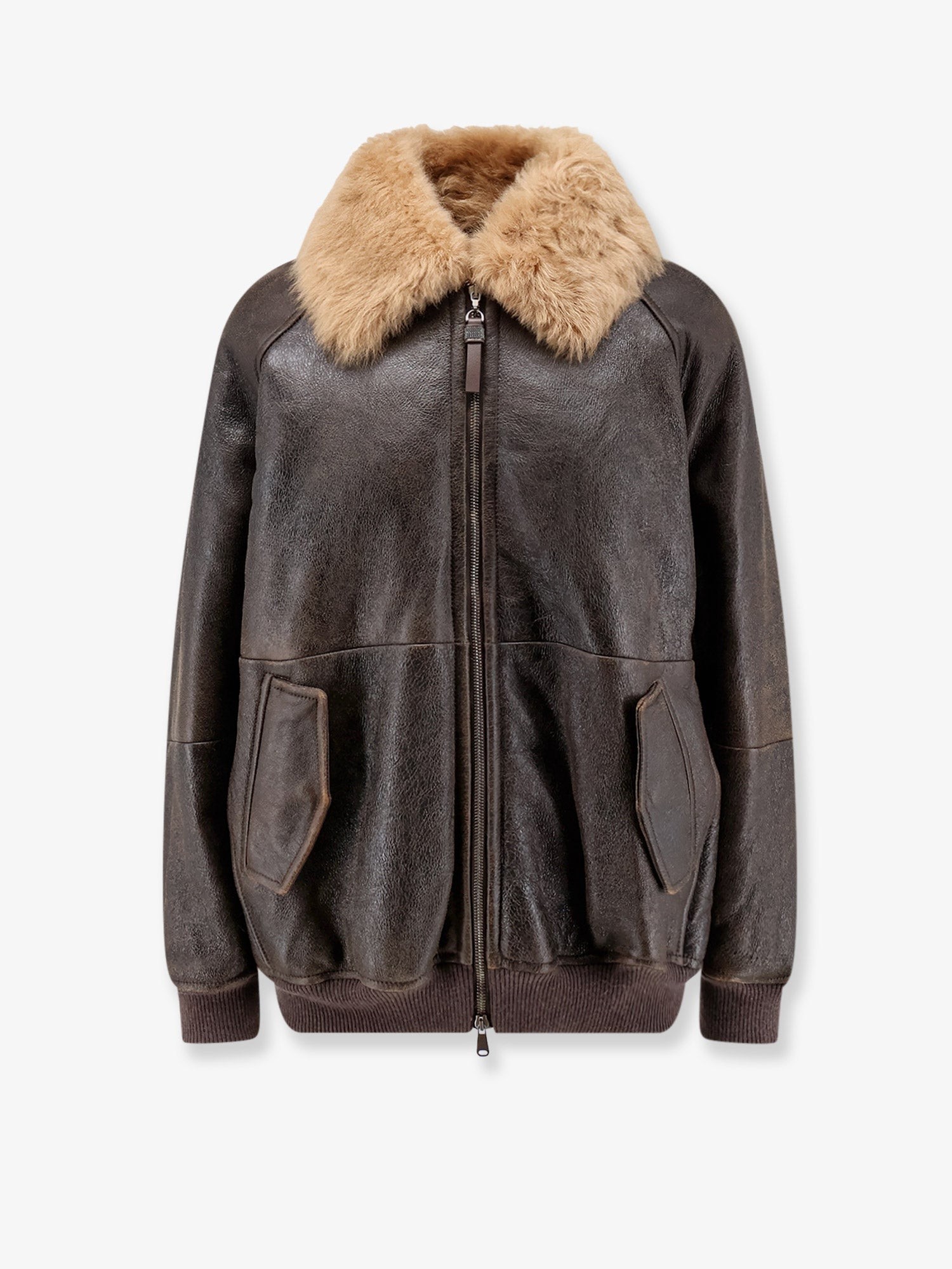 Leather jacket with shearling collar