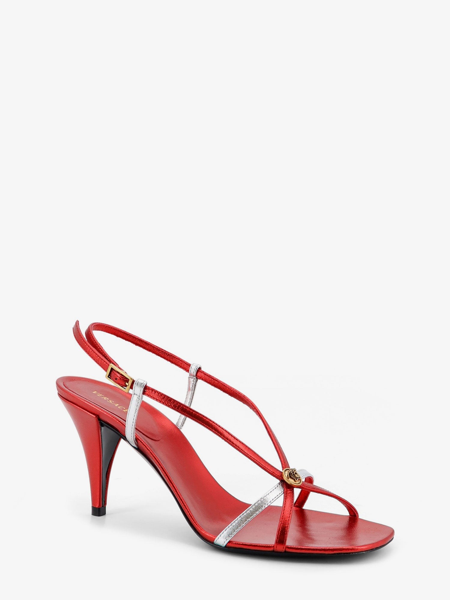 Metallic leather sandals with Medusa logo on the front - Image 2