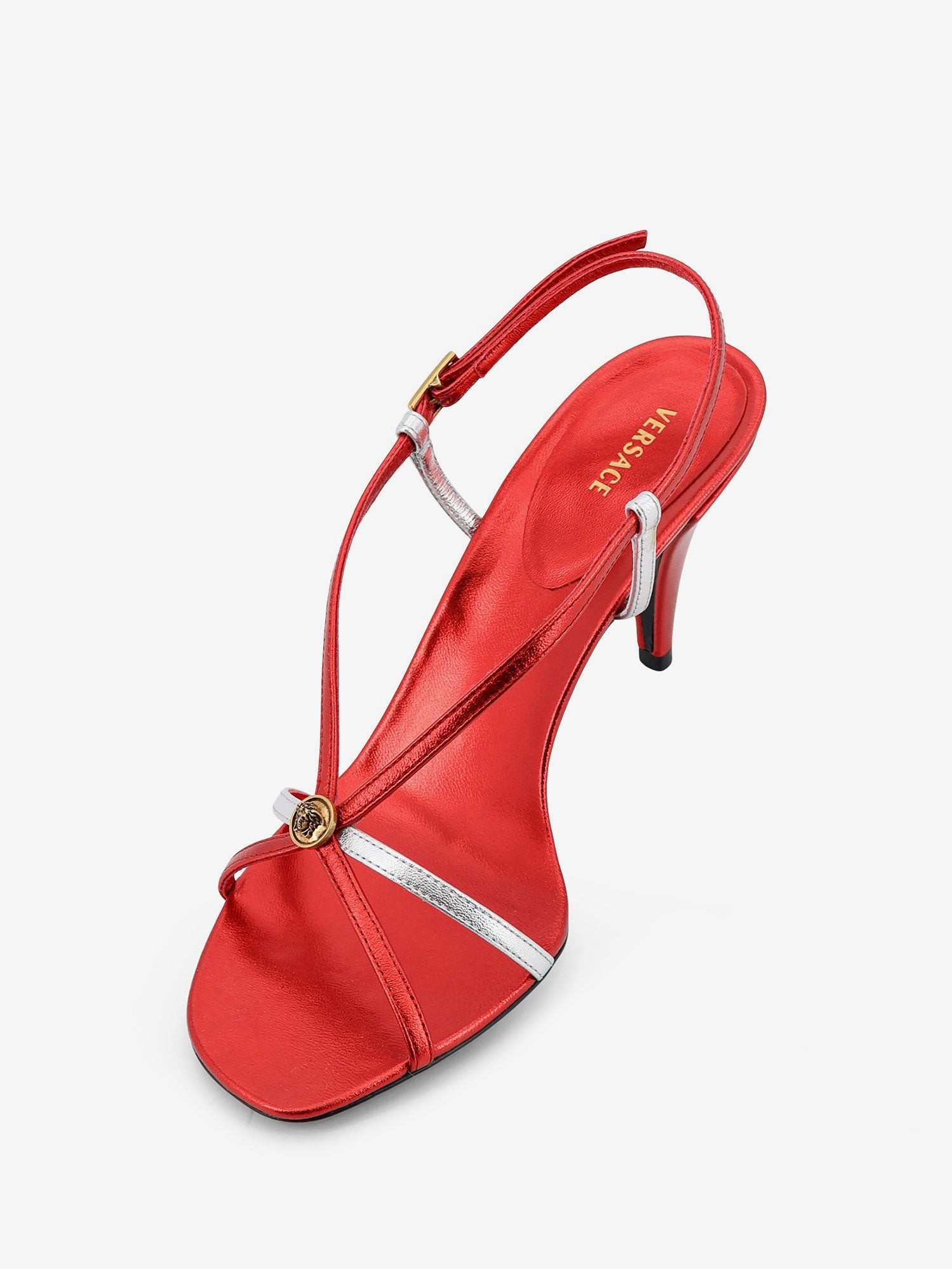 Metallic leather sandals with Medusa logo on the front - Image 4
