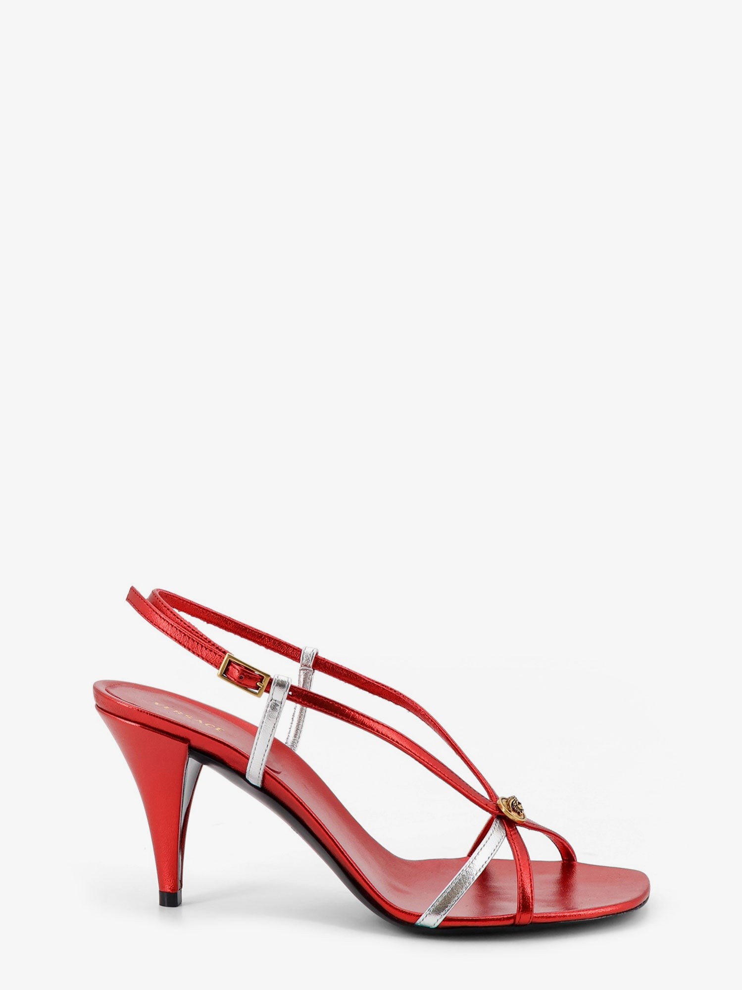 Metallic leather sandals with Medusa logo on the front