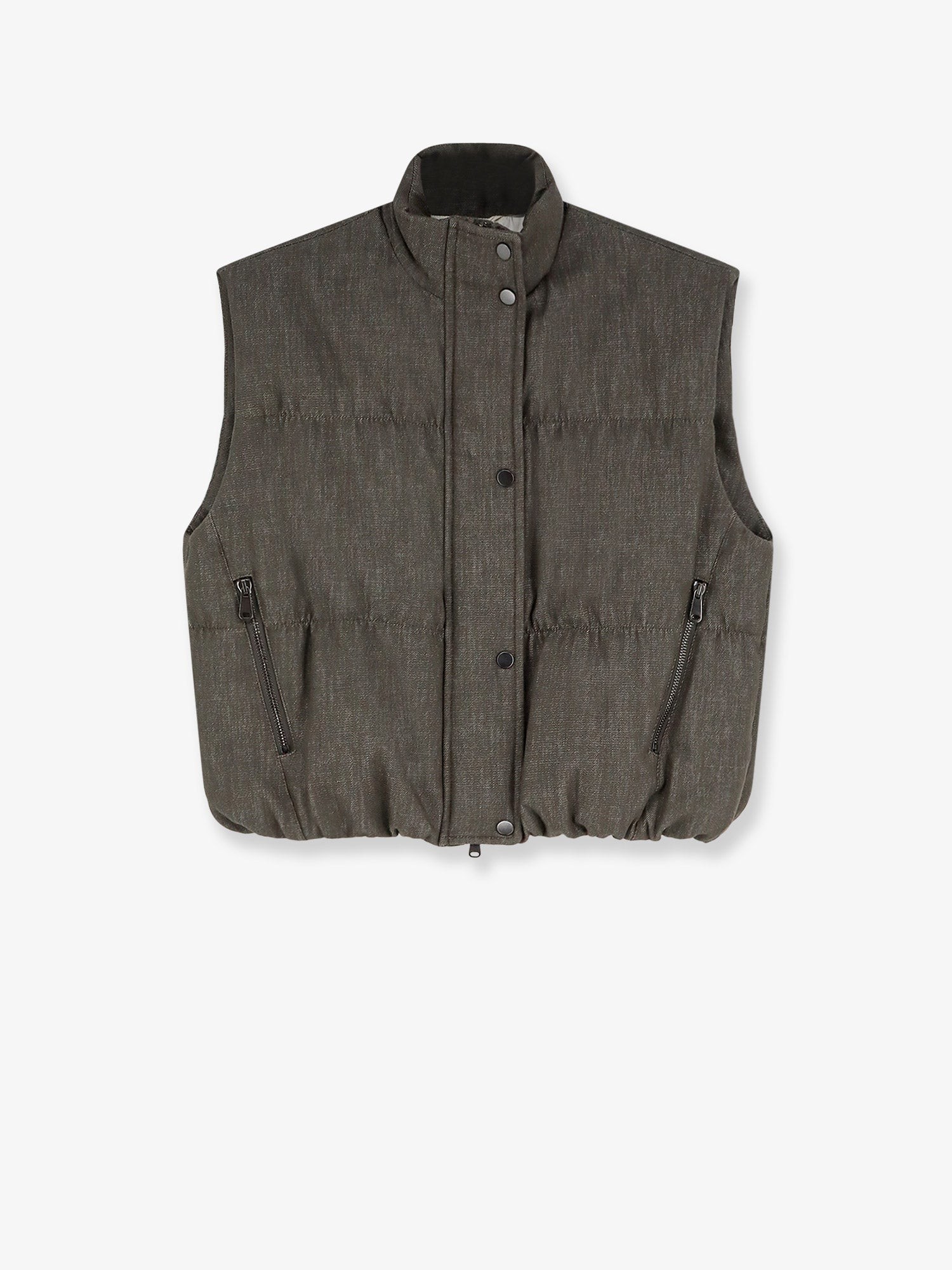 Sleeveless effect twill-denim down jacket